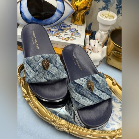 🆕 KURT GEIGER LONDON 🧿 NWOB Blue Denim Meena Eagle Slides, Sz EU 39 US 8.5 - Picture 5 of 11